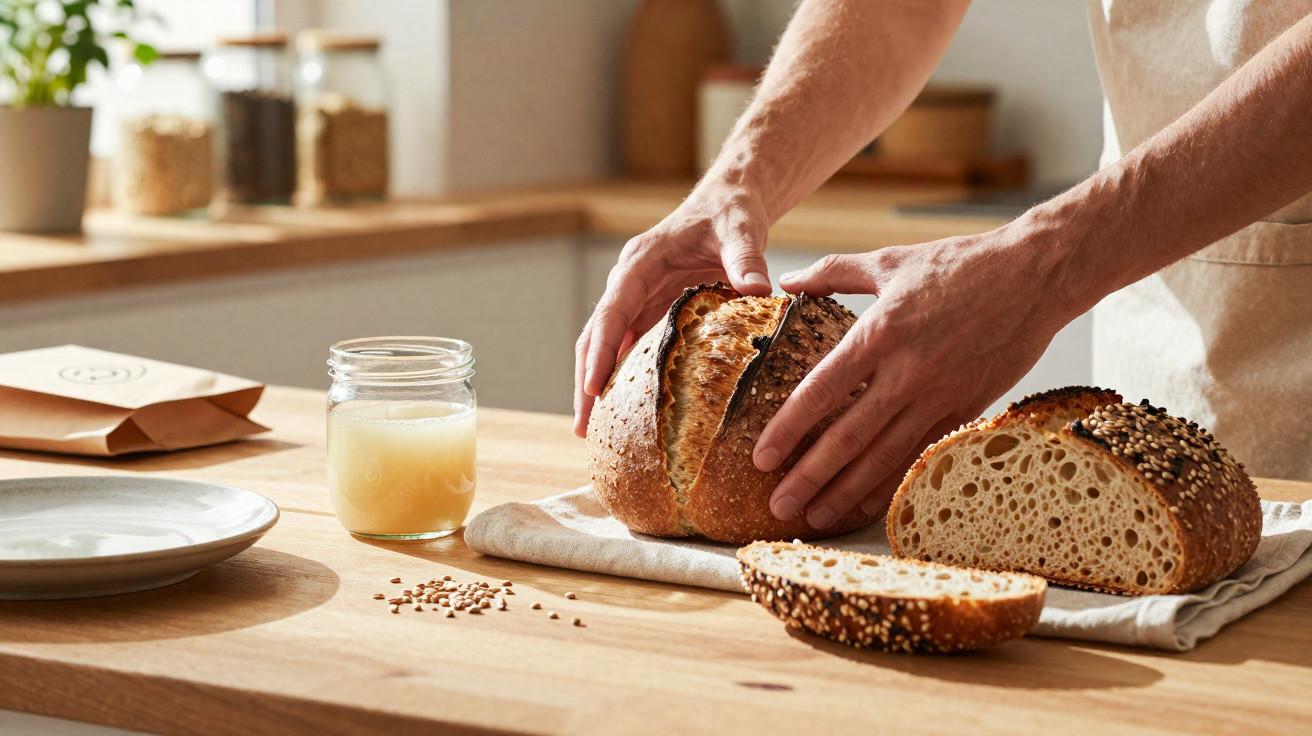 Mãos a partir um pão com sementes, jarra de líquido e prato numa cozinha com luz natural.