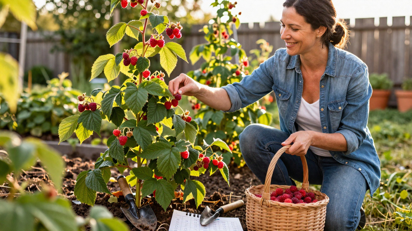 Mulher sorridente colhe framboesas num cesto num jardim com plantas e ferramentas de jardinagem.