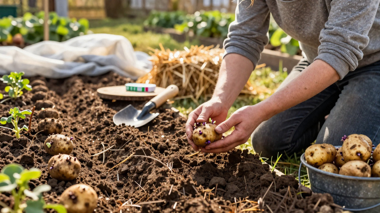 Pessoa a colher batatas recém-crescidas numa horta com terra fértil e ferramentas de jardinagem.