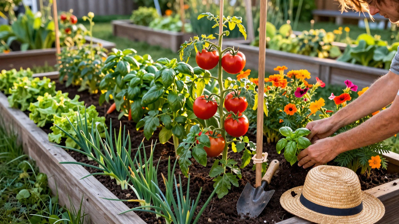 Mãos a cuidar de plantas num canteiro com tomate, ervas aromáticas e flores coloridas num jardim.