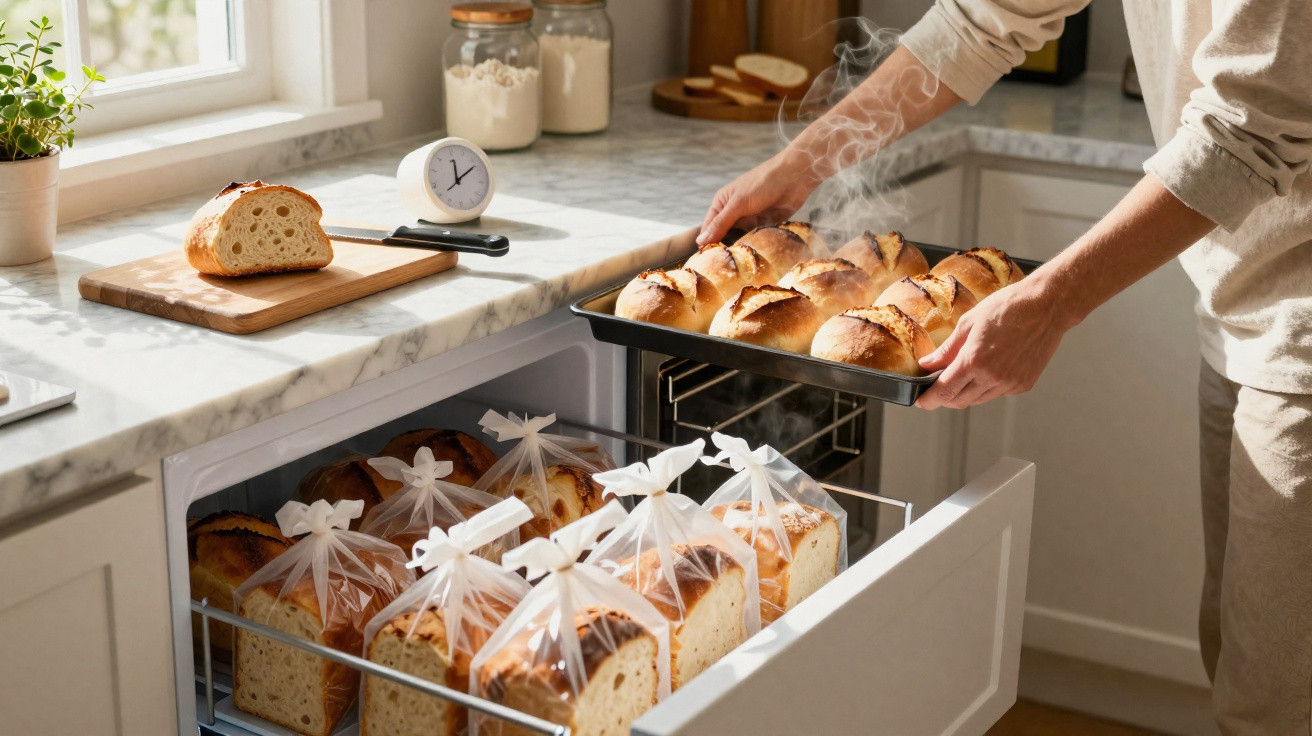 Pessoa a retirar tabuleiro com pão quente do forno numa cozinha com pães embalados no armário abaixo.