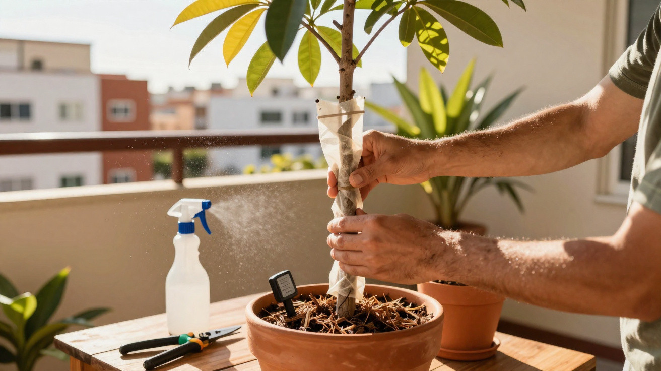 Pessoa a cuidar de planta em vaso, enrolando proteção no tronco numa varanda soalheira.