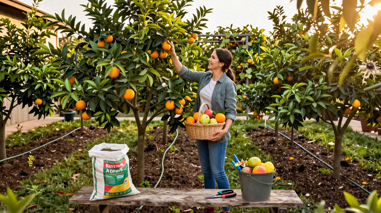 Mulher a apanhar laranjas numa plantação, segurando uma cesta cheia de fruta e sorrindo durante o dia.
