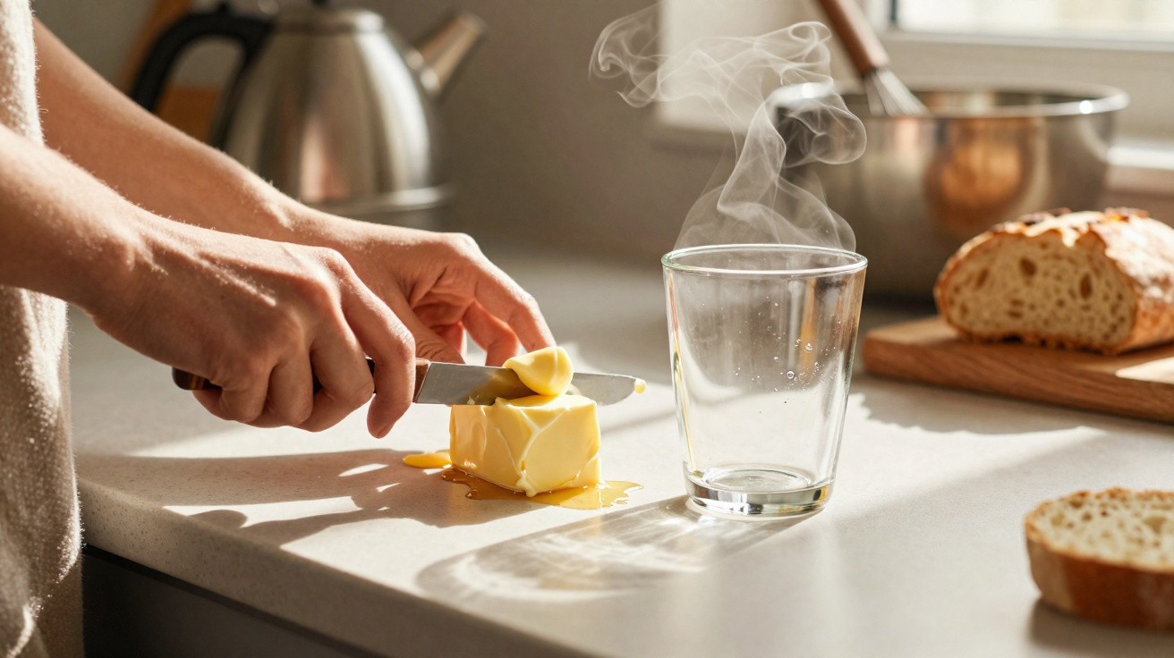 Pessoa a cortar manteiga com faca numa bancada, com pão e chá quente ao fundo.