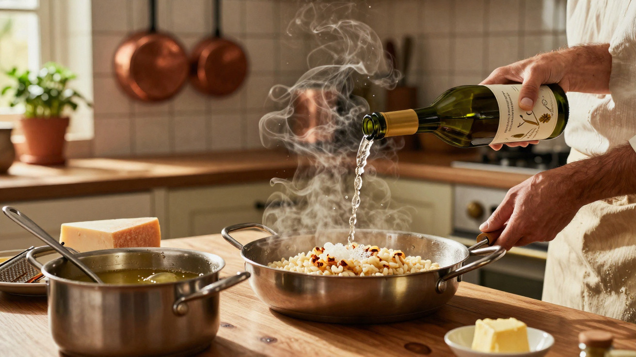 Pessoa a deitar vinho branco numa frigideira com arroz num cozinha rústica iluminada a luz natural.