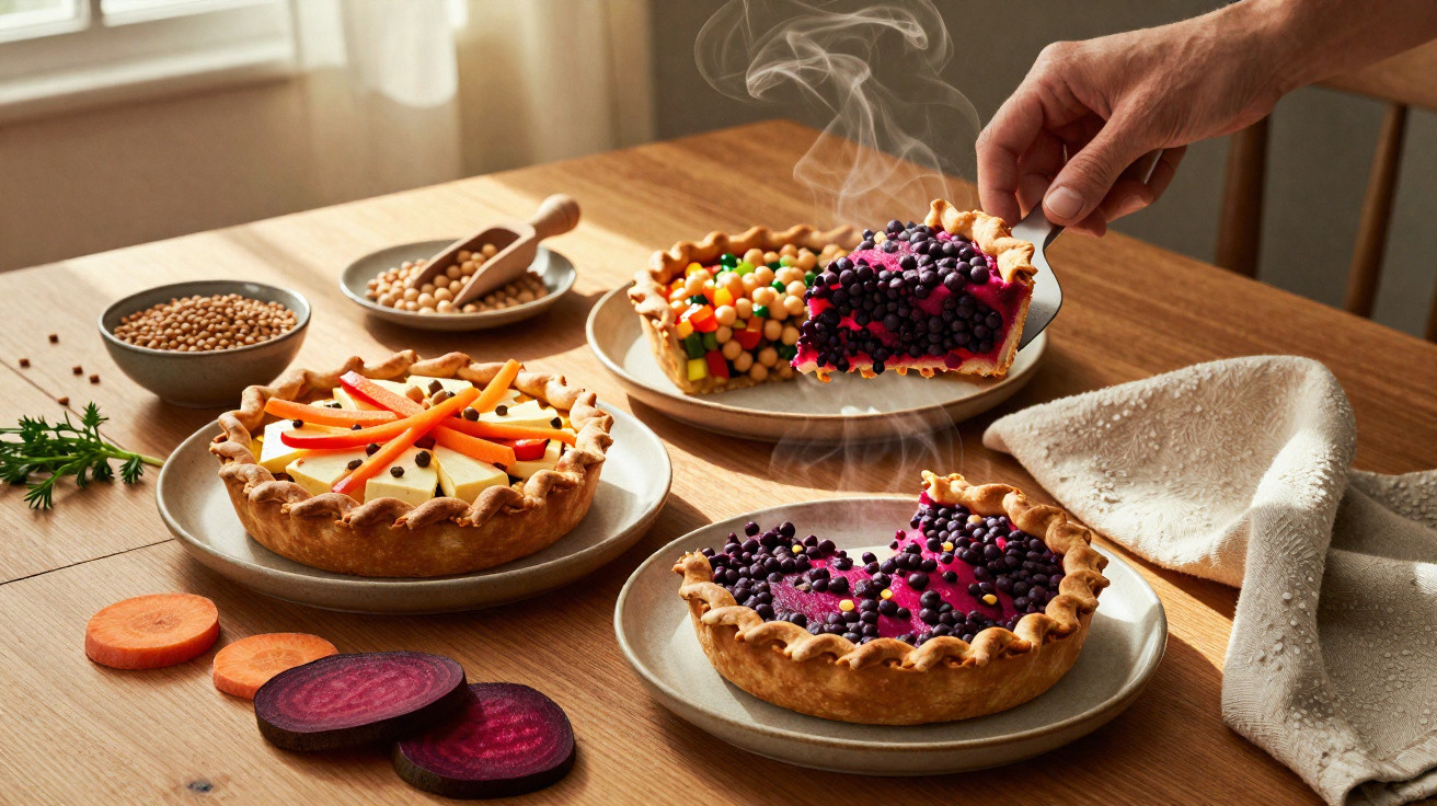 Três tortas salgadas com legumes e ervilhas sobre mesa de madeira, com uma mão a servir uma fatia quente.