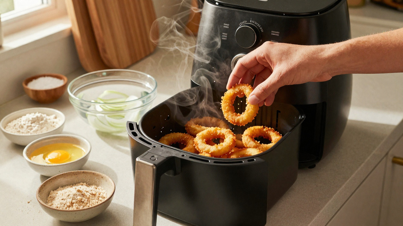 Mão a retirar anéis de cebola crocantes e fumegantes de uma fritadeira de ar na cozinha.