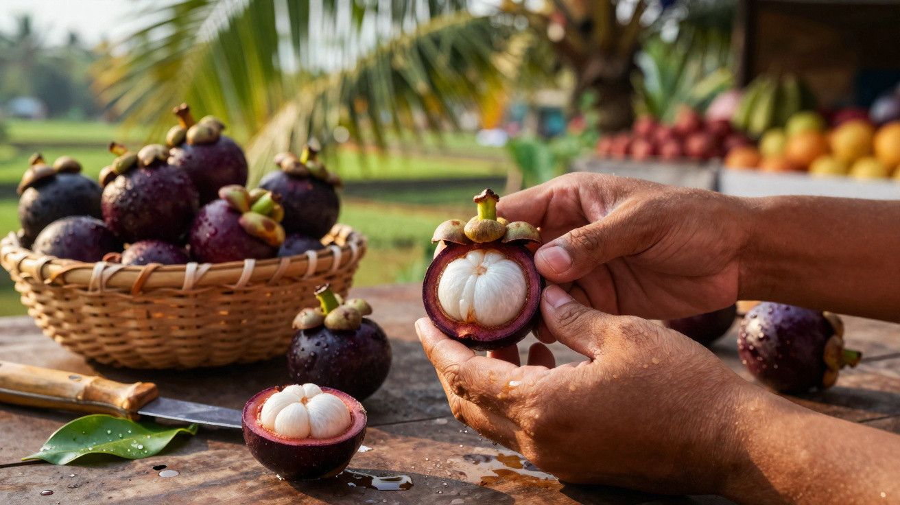 Mãos a descascar mangostão, frutas roxas com polpa branca, num ambiente ao ar livre com cesta e faca.