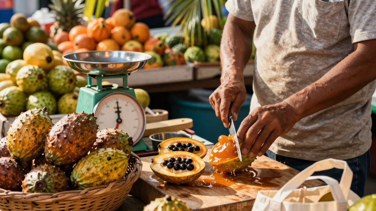 Homem a cortar fruto exótico com sementes pretas numa banca de mercado com várias frutas ao fundo.