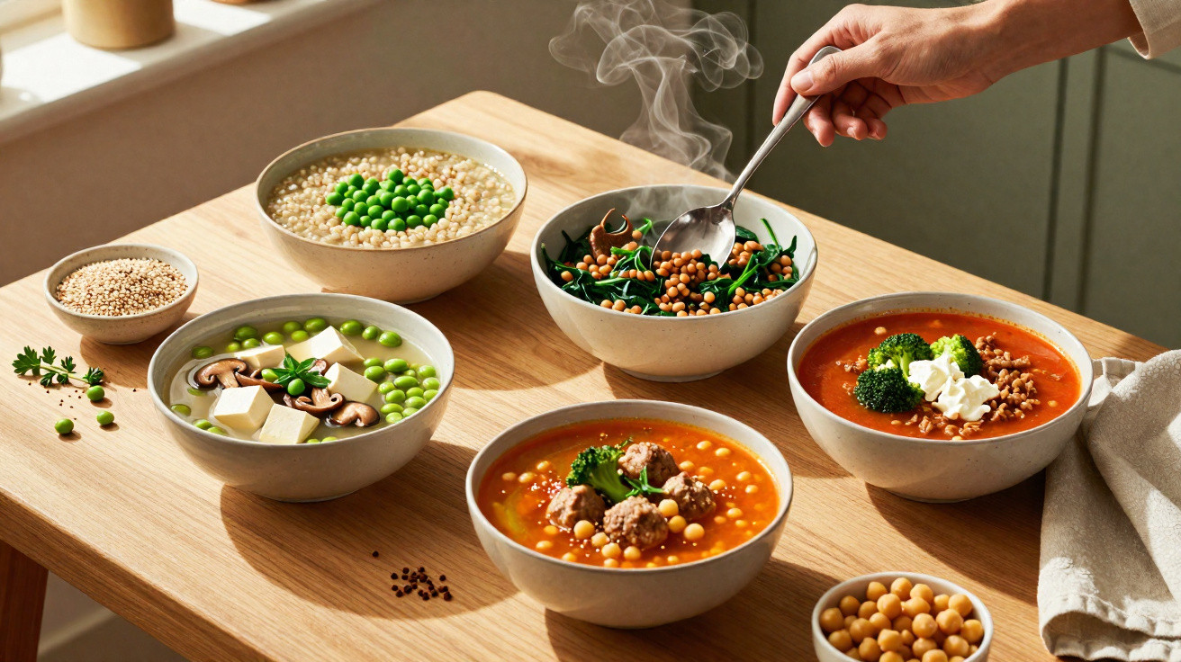 Cinco tigelas com diferentes sopas saudáveis a base de legumes e leguminosas numa mesa de madeira.