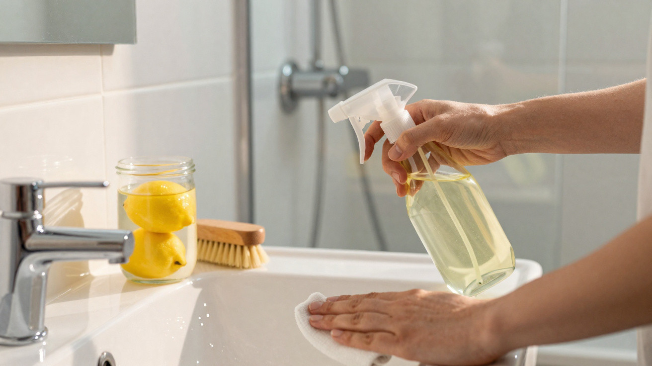 Pessoa a limpar uma pia de casa de banho com produto de limpeza caseiro num frasco spray.