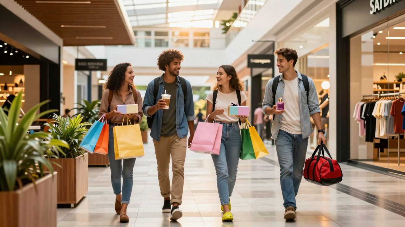Quatro jovens sorridentes caminham num centro comercial com sacos de compras coloridos e bebidas nas mãos.