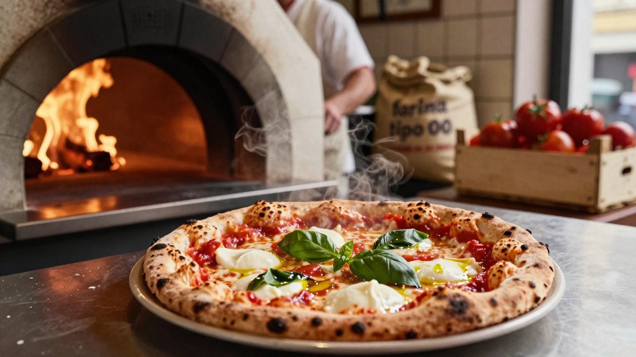 Pizza fresca com manjericão e queijo numa mesa metálica, forno de lenha ao fundo e ingredientes visíveis.
