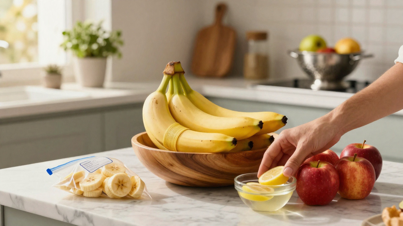 Bananas numa tigela de madeira, maçãs e mão a colocar limão em copo com água numa bancada de cozinha.