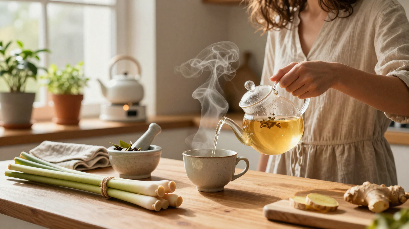 Mulher a servir chá quente numa chávena numa cozinha com gengibre e ervas frescas na bancada.