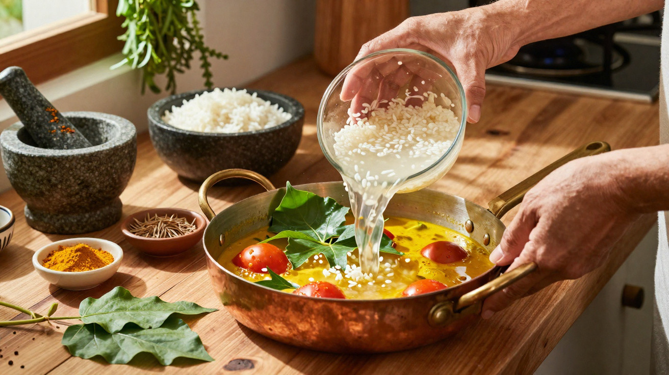 Mãos a adicionar arroz líquido numa frigideira com legumes e folhas, com ingredientes em cima da bancada de cozinha.