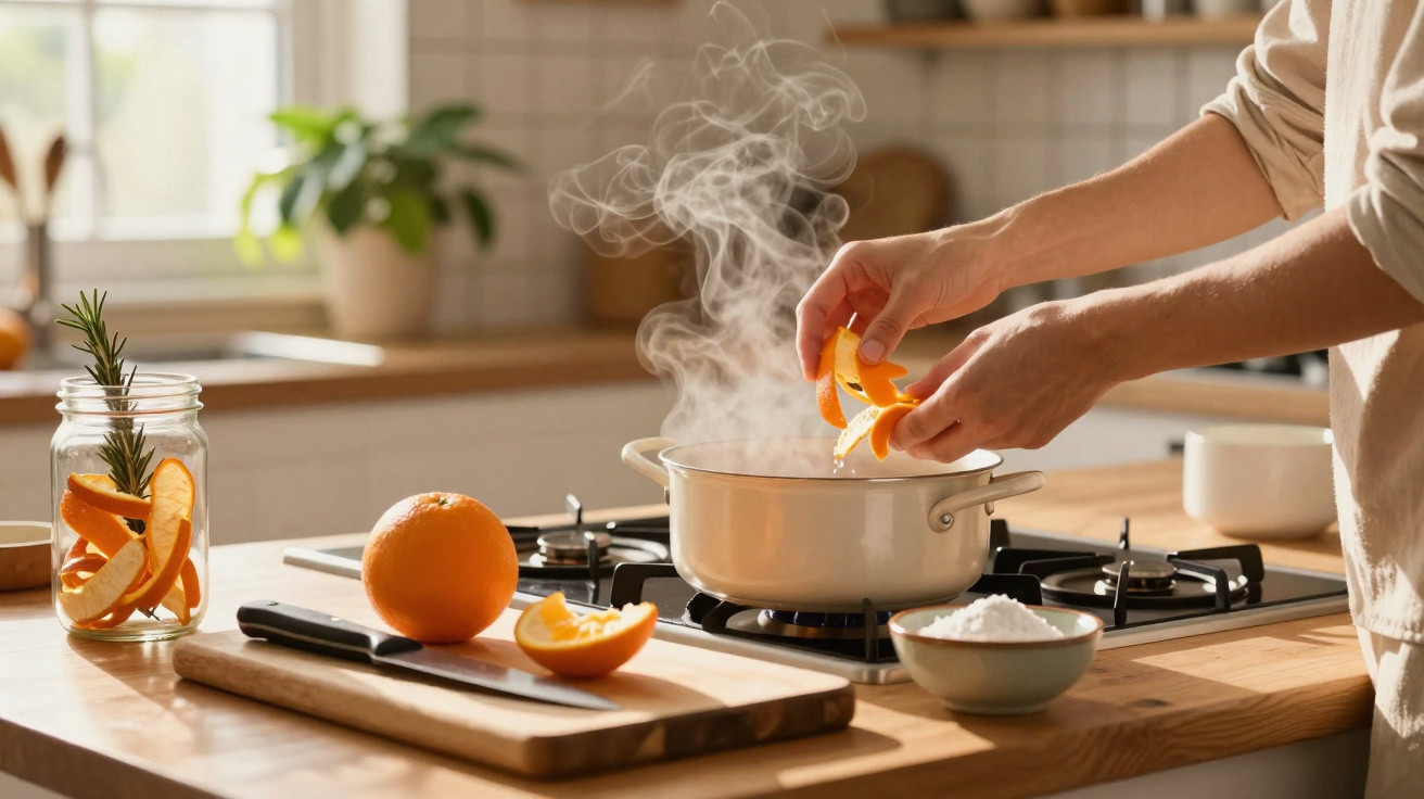 Mãos a preparar infusão com cascas de laranja numa panela a ferver numa cozinha iluminada naturalmente.