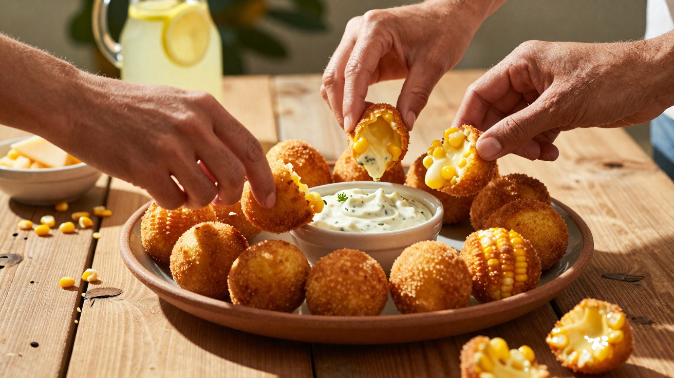 Pessoas a apanhar bolinhas crocantes de milho com molho branco temperado no centro.