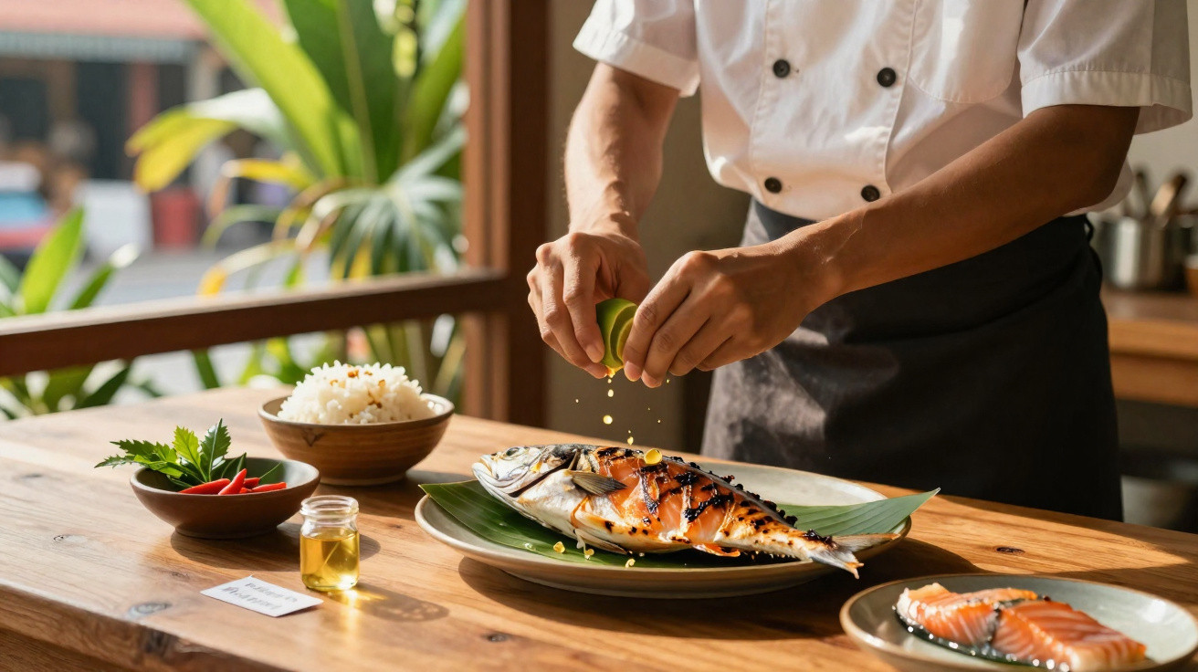 Chef a espremer limão sobre peixe grelhado servido com arroz e legumes num prato verde.
