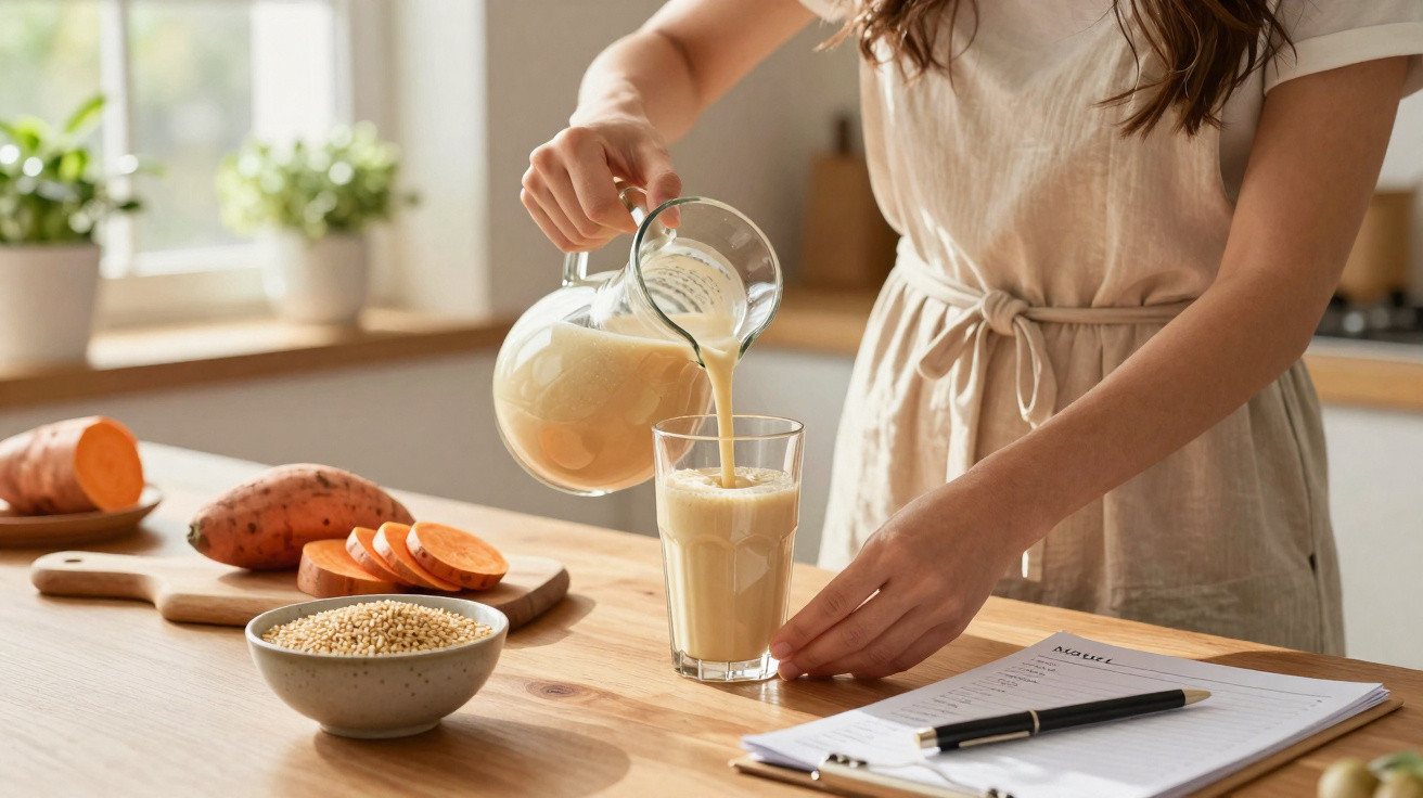Pessoa a servir smoothie de batata-doce numa cozinha com ingredientes naturais em cima da mesa.