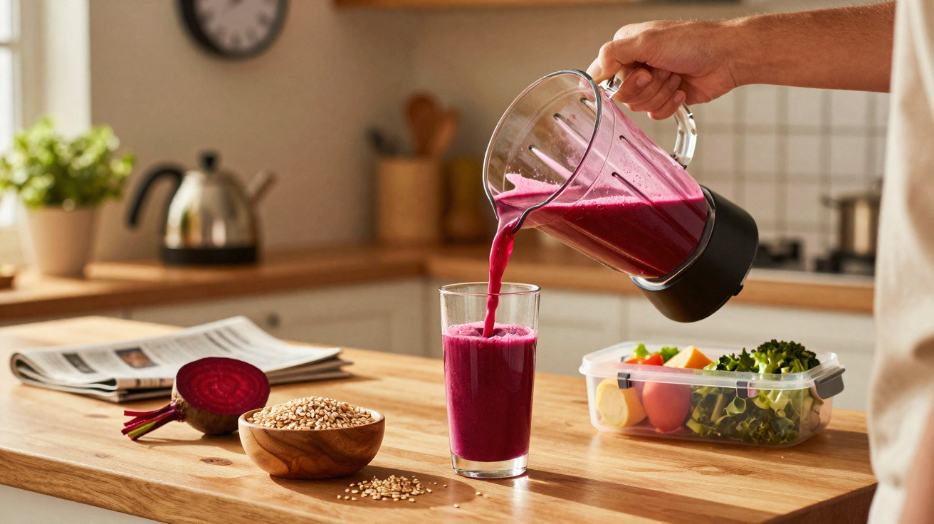 Pessoa a verter sumo roxo de liquidificador para copo numa cozinha com alimentos saudáveis na bancada.
