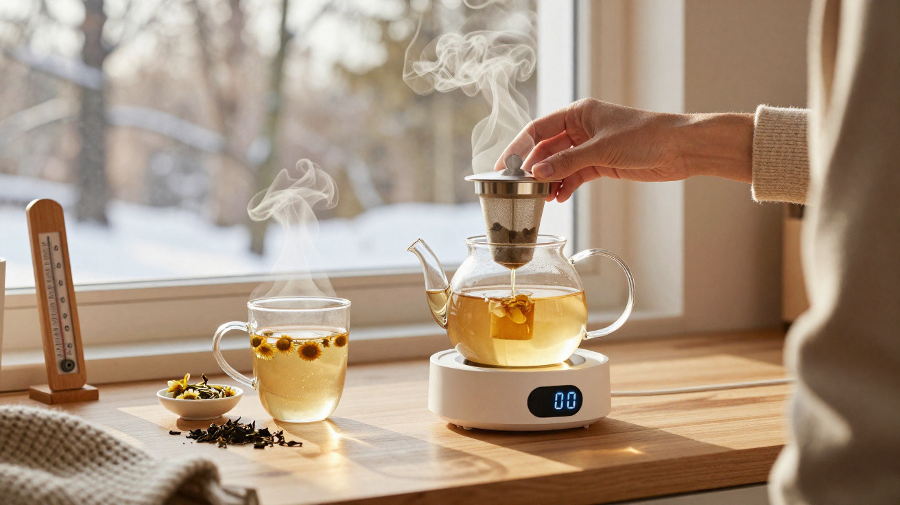 Chaleira de vidro com infusão de chá a vaporizar, chávena com flores e mão a retirar infusor numa mesa junto a janela.