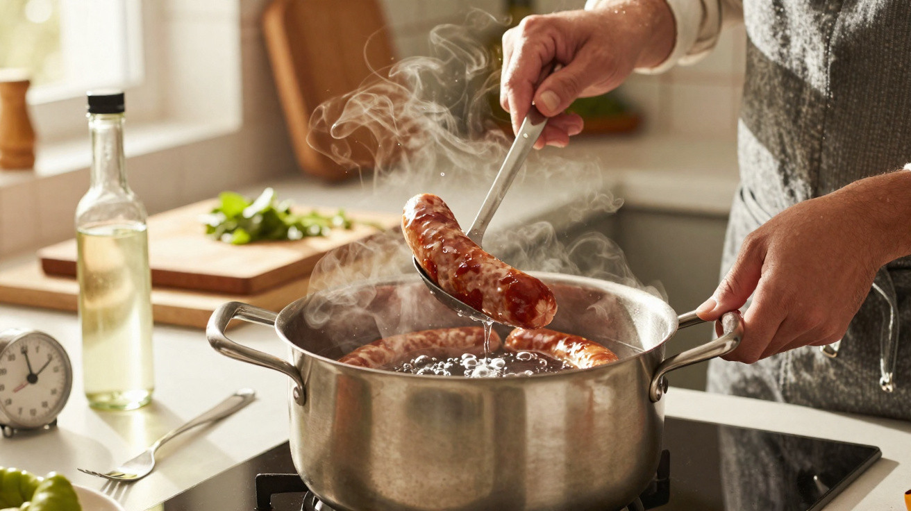Pessoa a retirar enchido fumegante de panela com água a ferver numa cozinha.