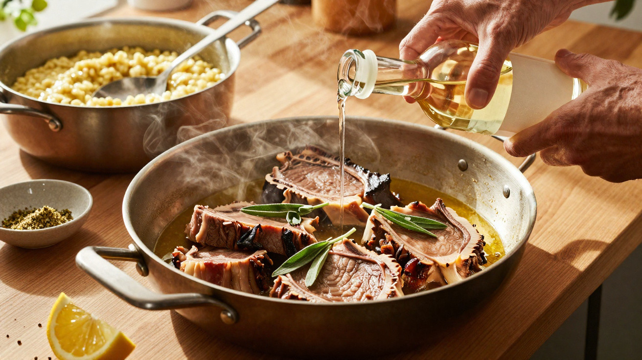 Pessoa a deitar azeite em bifes de carne a cozinhar numa frigideira com ervas aromáticas e massa ao fundo.