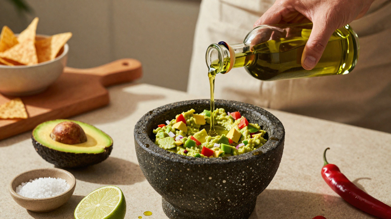 Mão a verter azeite sobre guacamole em almofariz, com abacate, limão, sal, malagueta e nachos ao lado.