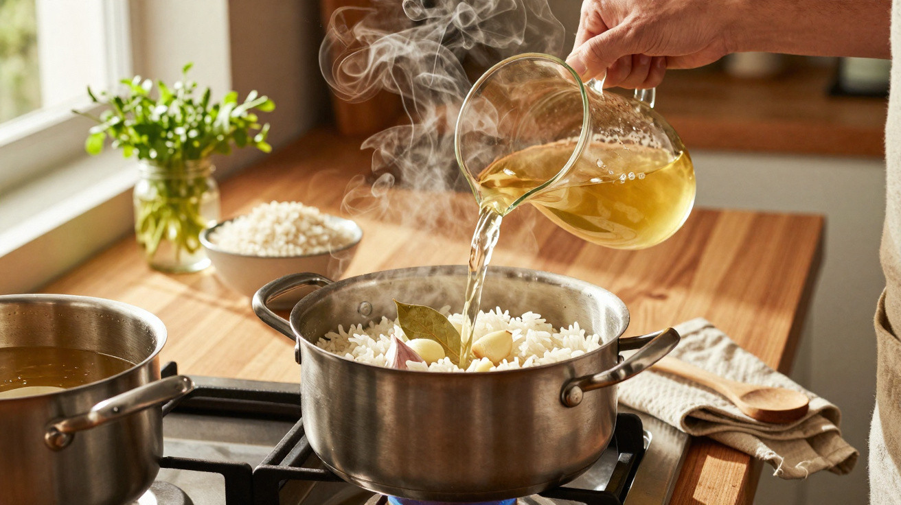 Mão a verter caldo quente numa panela com arroz, alho e folha de louro numa cozinha iluminada.