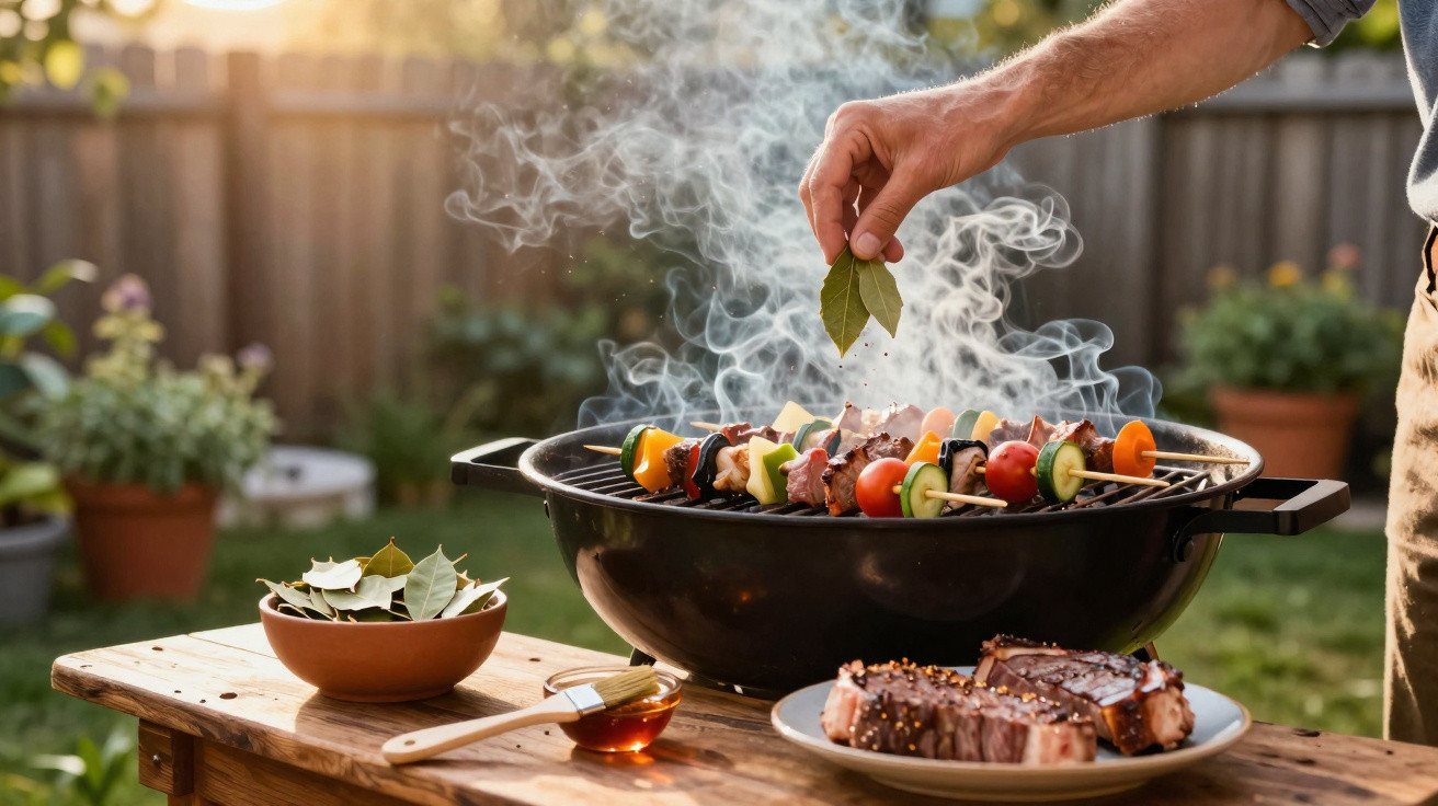 Churrasco ao ar livre com espetadas de legumes e carne, ervas e carne temperada numa mesa de madeira.
