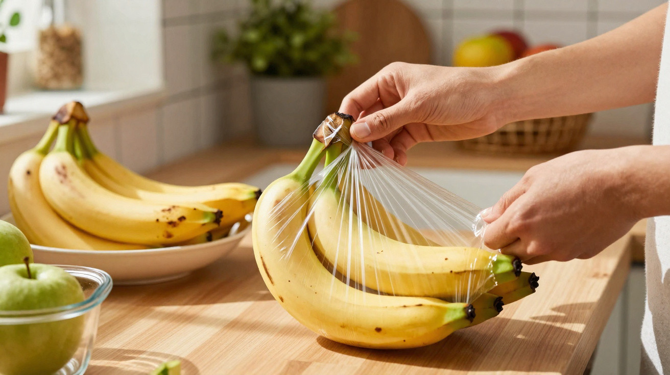 Pessoa a embrulhar cachos de bananas com película aderente numa cozinha iluminada.