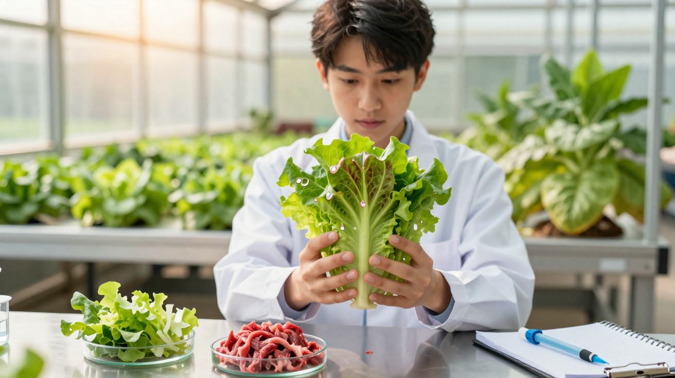 Homem de bata branca examina alface num laboratório agrícola com plantas ao fundo.