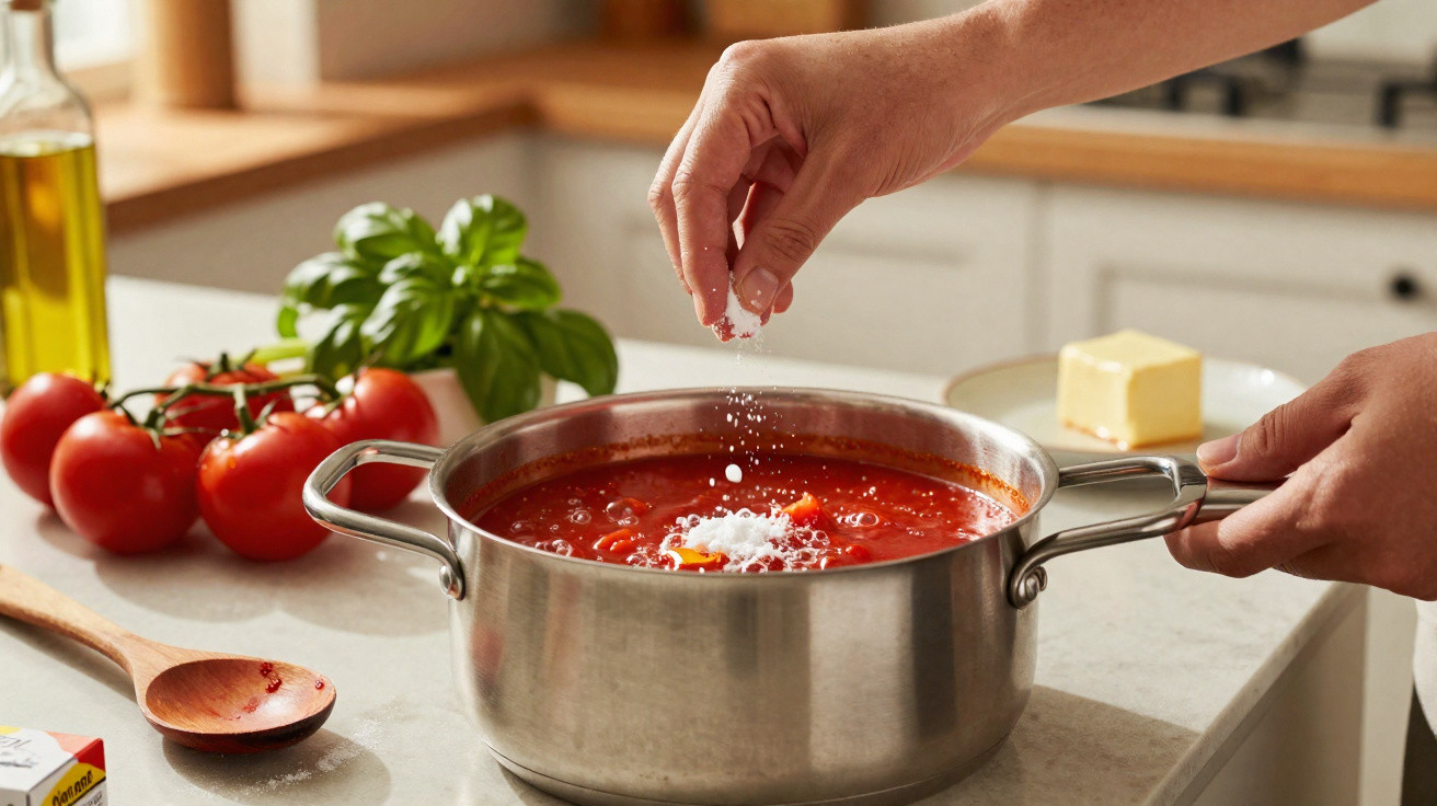 Mãos a temperar molho de tomate numa panela com ingredientes frescos ao lado na cozinha.