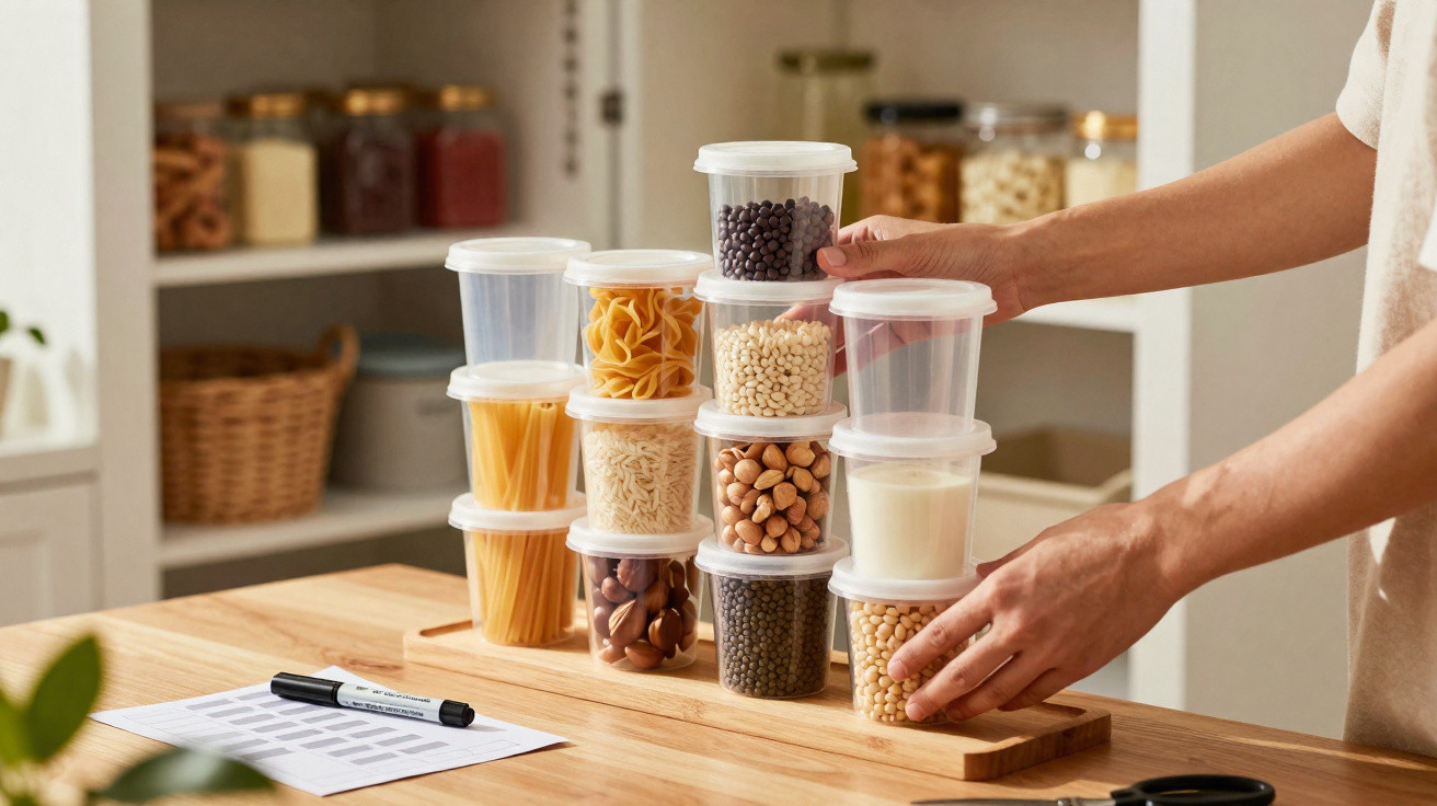 Potes transparentes empilhados com diferentes alimentos secos numa cozinha organizada e mãos a arrumá-los.