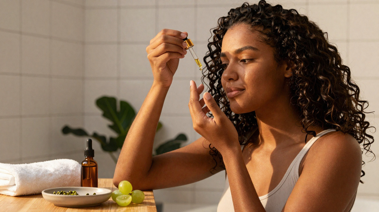 Mulher a aplicar óleo facial com conta-gotas num ambiente relaxante e iluminado.