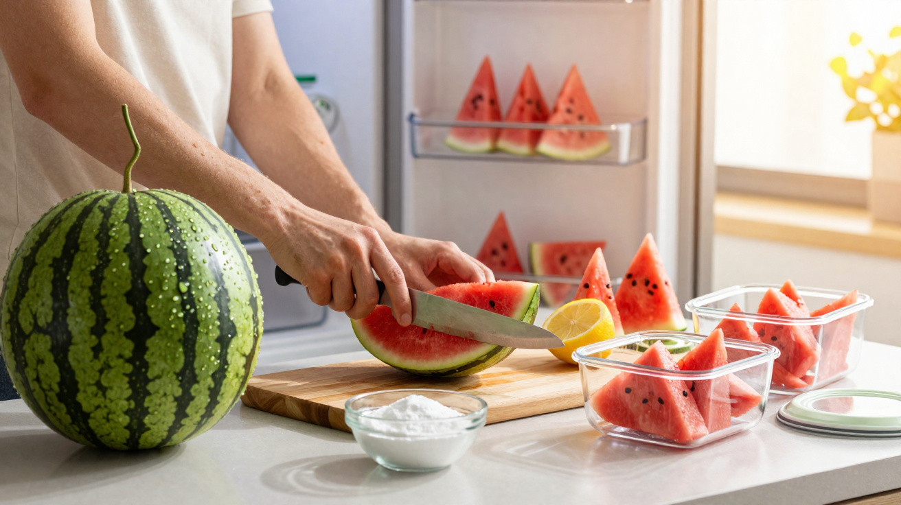 Pessoa a cortar melancia em fatias num tabuleiro de cozinha com fruta guardada em recipientes de plástico.