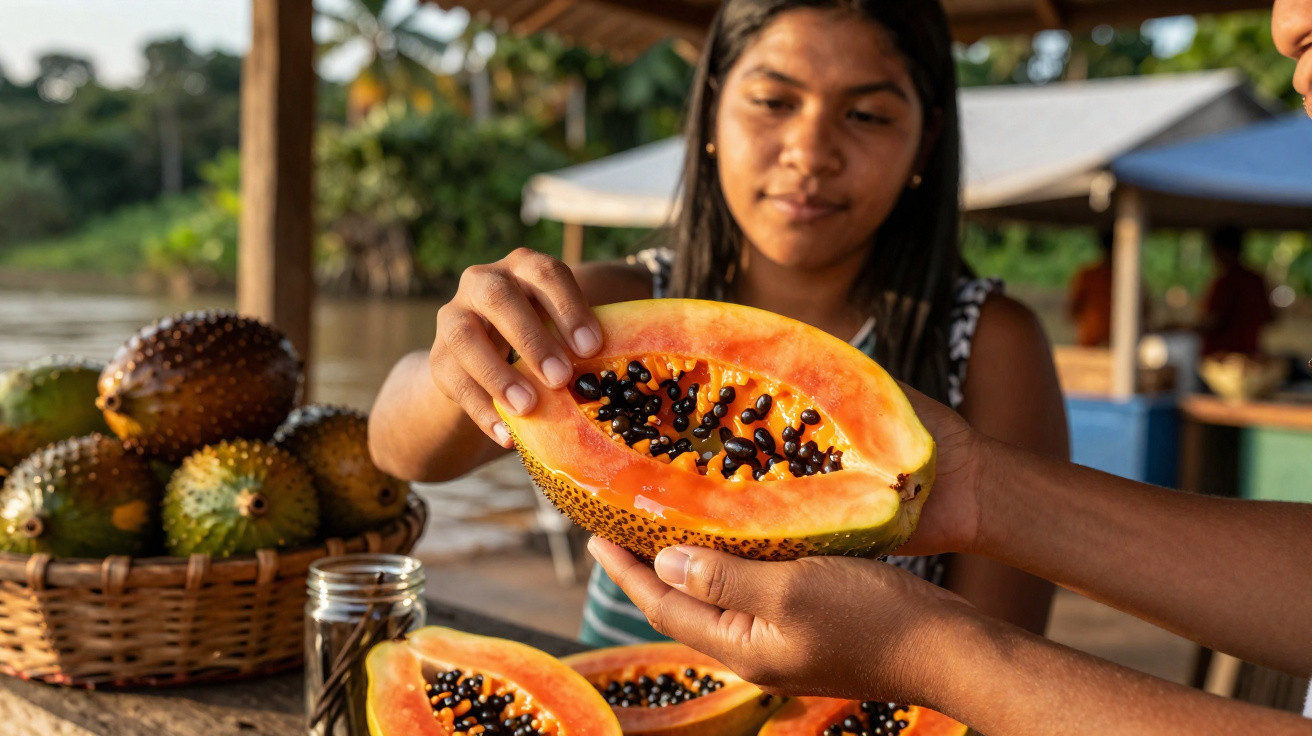 Mulher segura papaia aberta com sementes negras em ambiente natural junto a cesta de frutos e mesa de madeira.