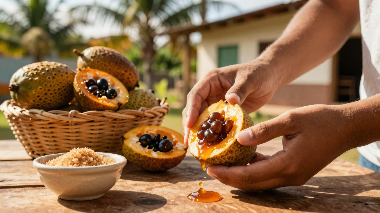 Mãos a partir um maracujá doce sobre mesa de madeira com frutos numa cesta e tigela de açúcar mascavado.