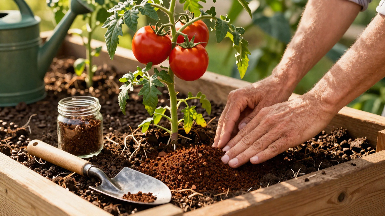 Mãos a cuidar do solo junto a uma planta de tomateira com tomates vermelhos num canteiro de madeira.
