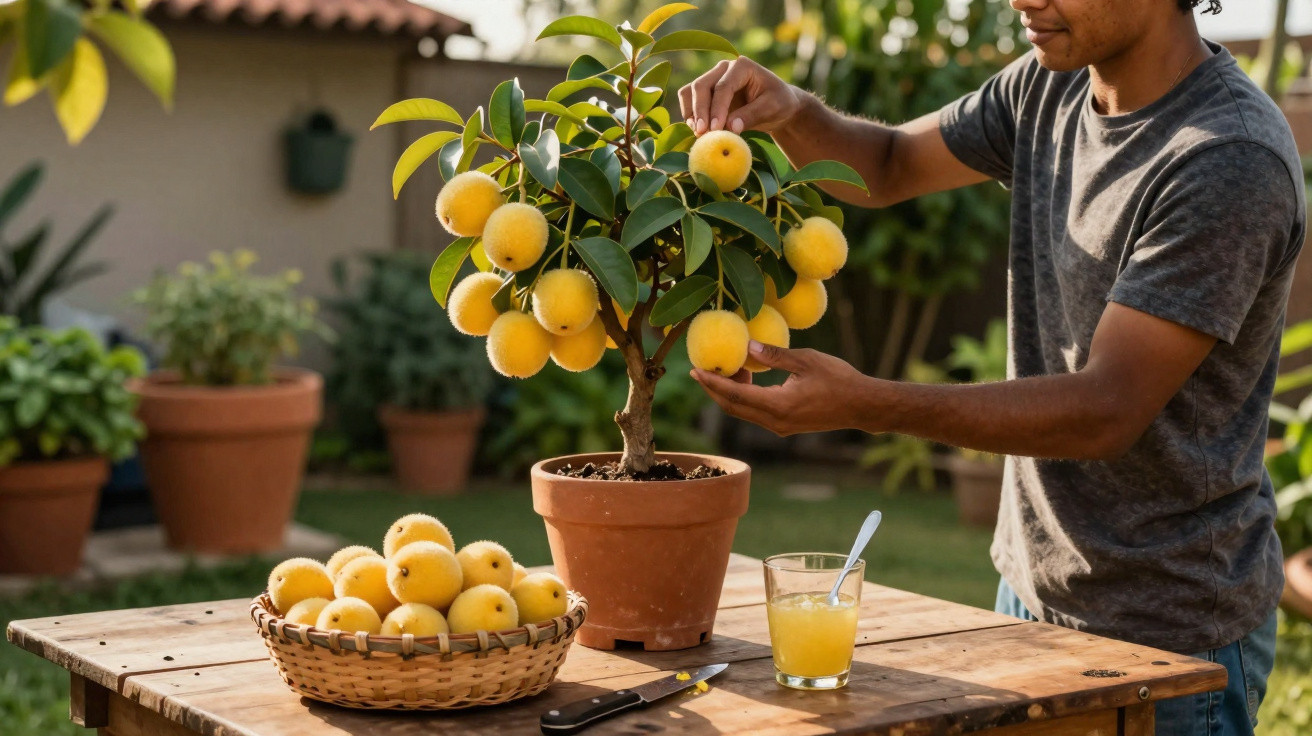 Pessoa a colher limas-de-mente na varanda com cesta de frutas e sumo sobre mesa de madeira.