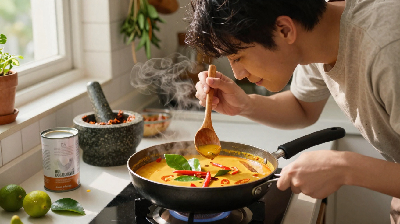 Homem a cheirar e provar um prato quente com folhas e malaguetas numa frigideira na cozinha.