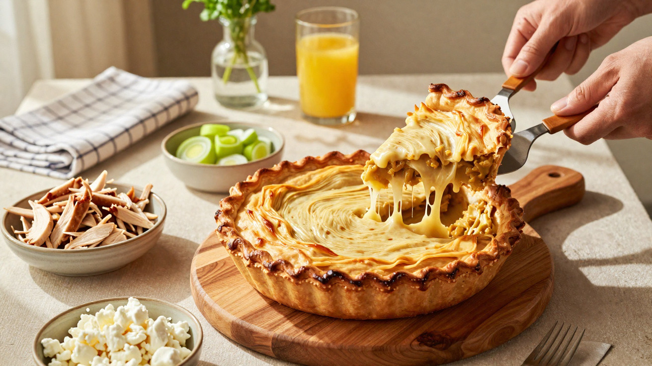 Pessoa a servir tarte cremosa com recheio de queijo derretido numa mesa com tigelas, sumo de laranja e guardanapo.