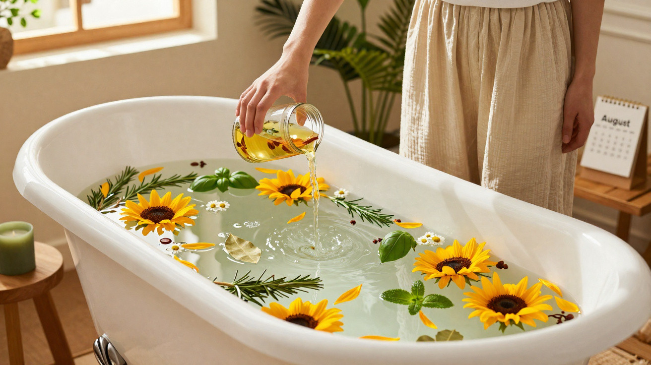 Banheira branca com água e flores amarelas, ervas e uma pessoa a despejar óleo aromático.
