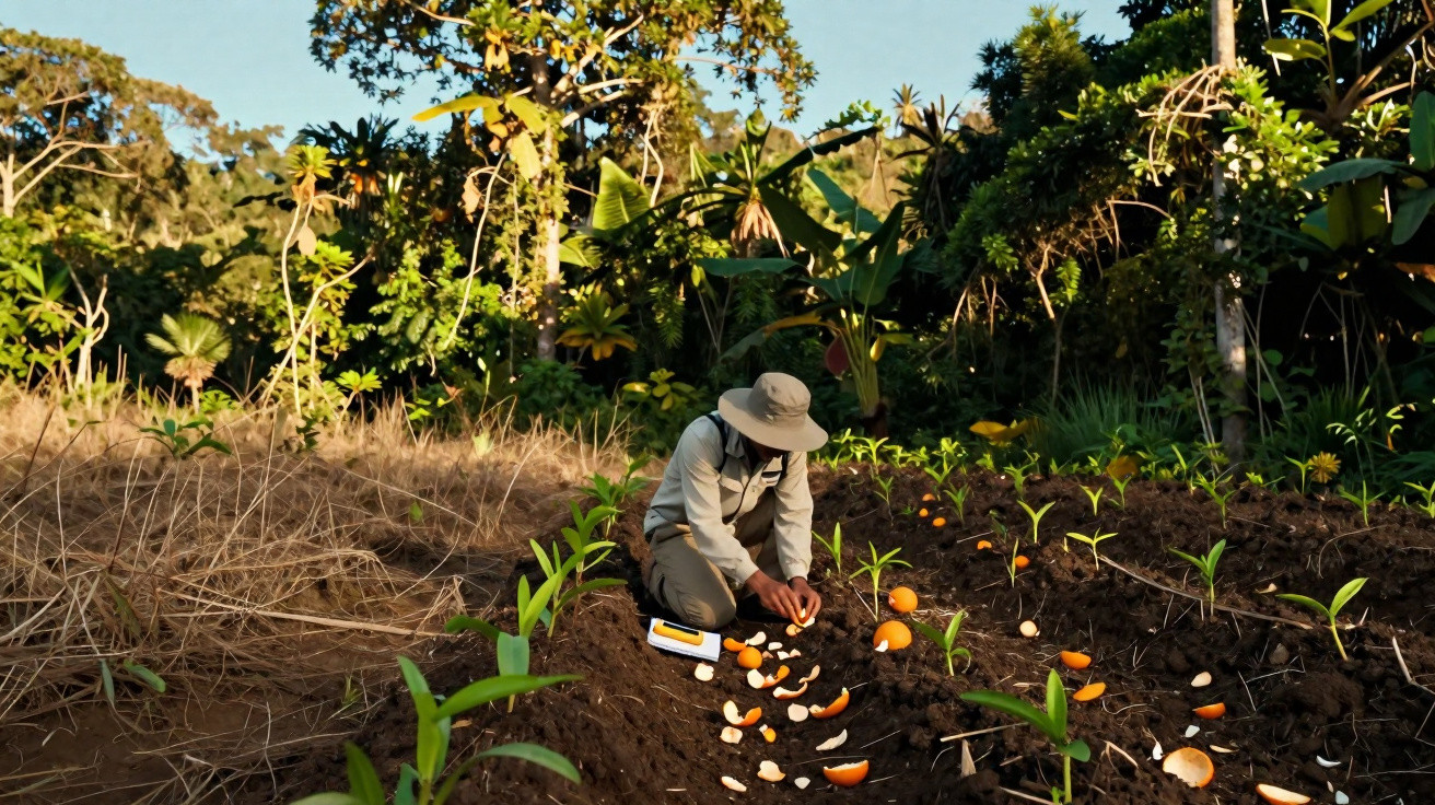 Pessoa a plantar sementes num campo com cascas e pedaços de laranja espalhados no solo.