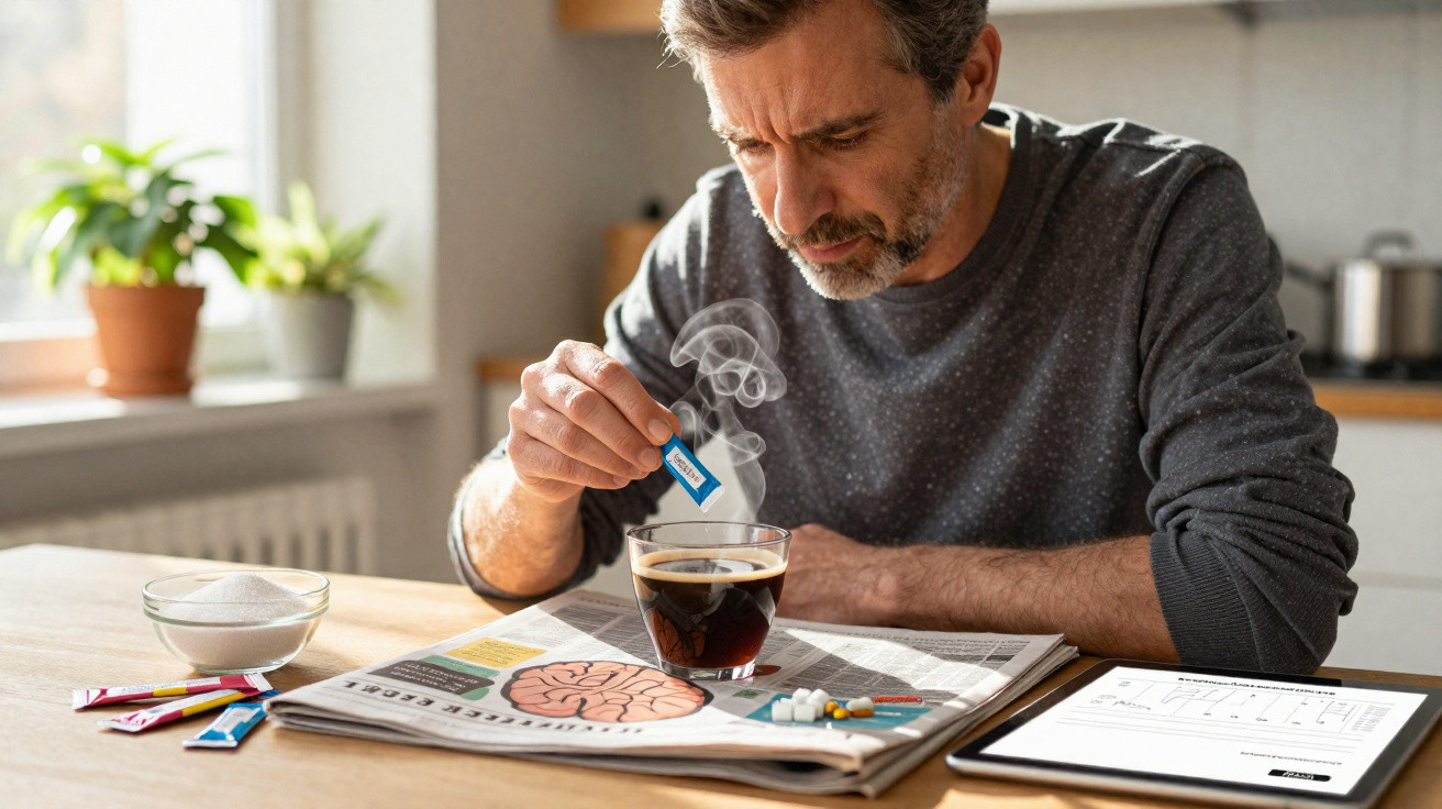 Homem a preparar café com açúcar ao ler jornal sobre cérebro, com comprimidos e tablet na mesa.