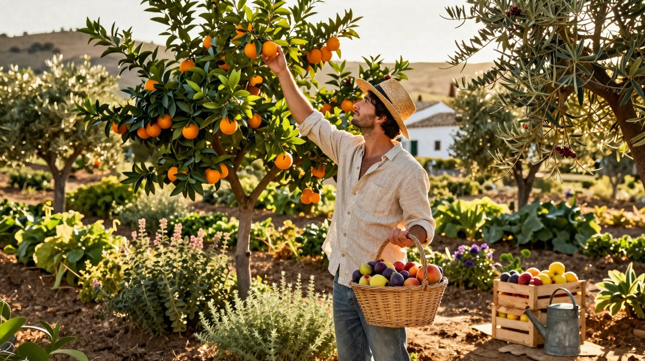 Homem com chapéu apanha laranjas numa árvore, segurando um cesto cheio de frutas num pomar ao ar livre.