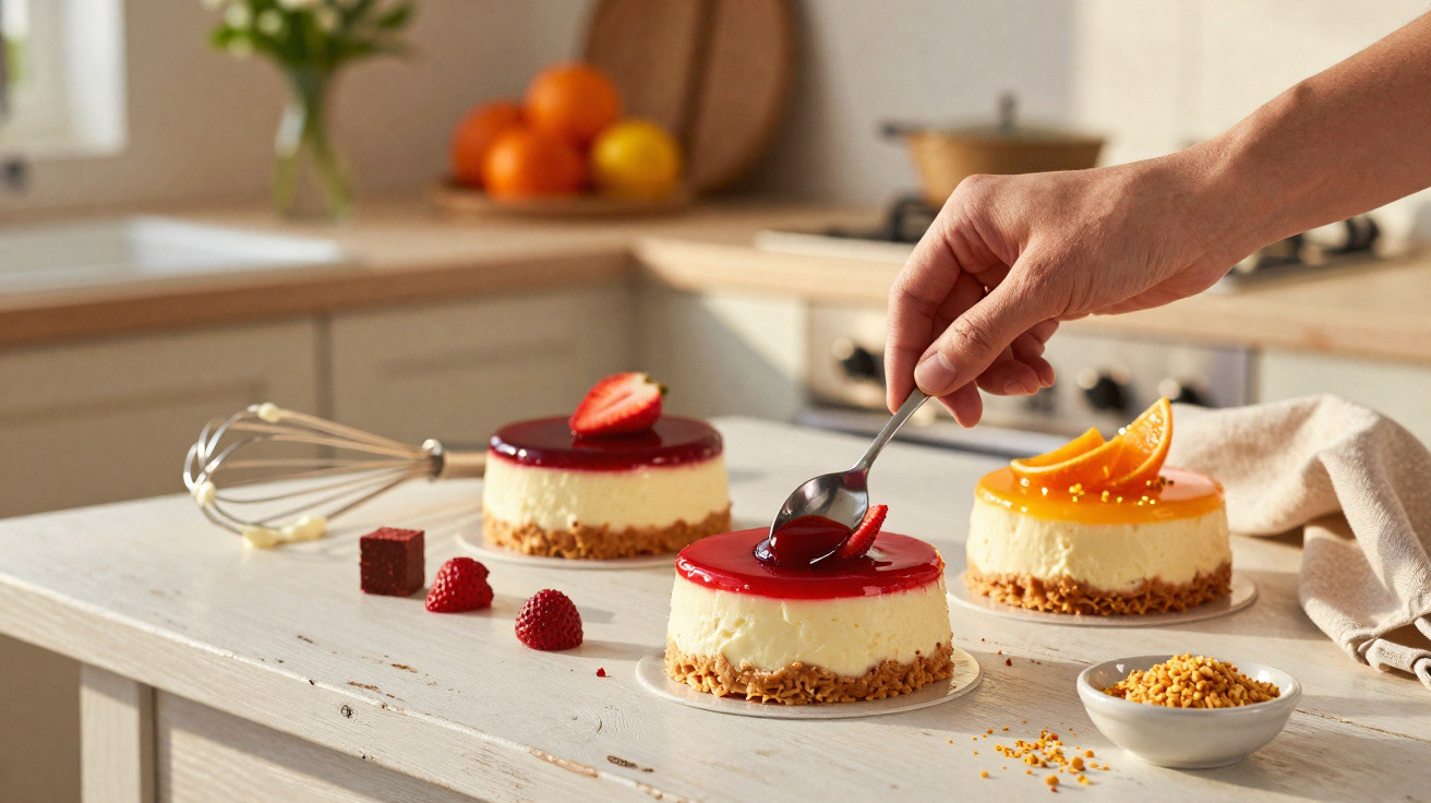 Mão a decorar cheesecake com gelatina vermelha e morangos em bancada de cozinha iluminada.