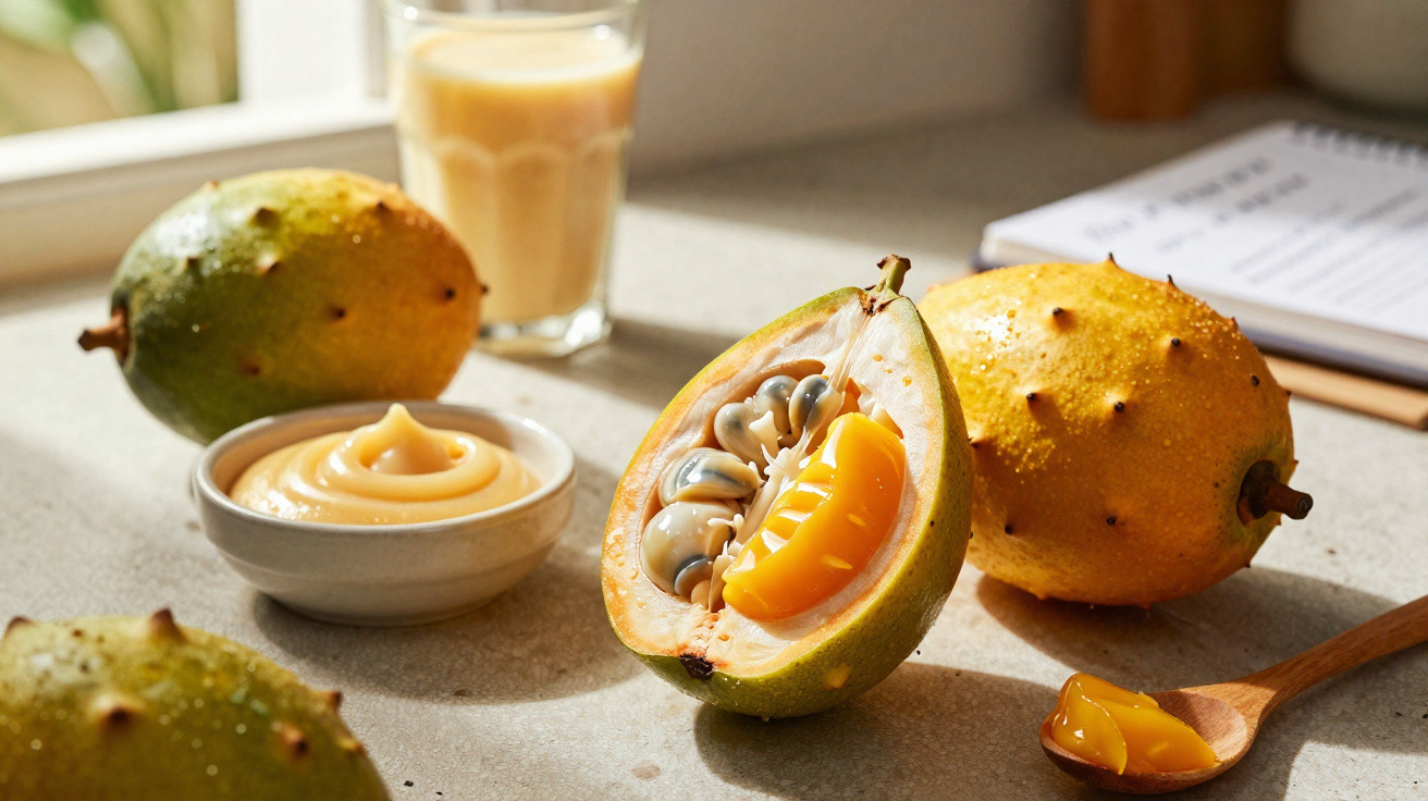 Fruta kiwano cortada, colher com polpa, prato com creme e copo de sumo ao fundo numa bancada.