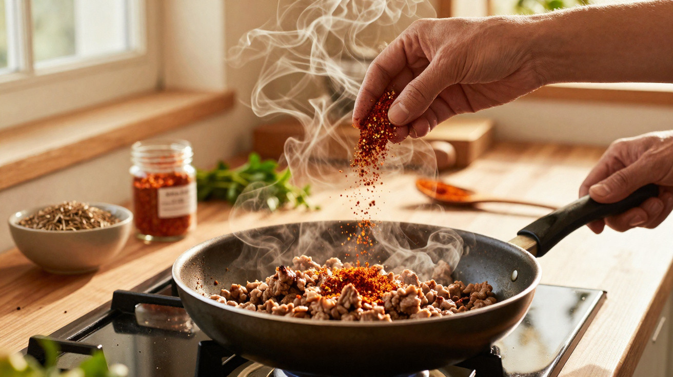 Mãos a temperar carne picada numa frigideira fumegante numa cozinha com luz natural.